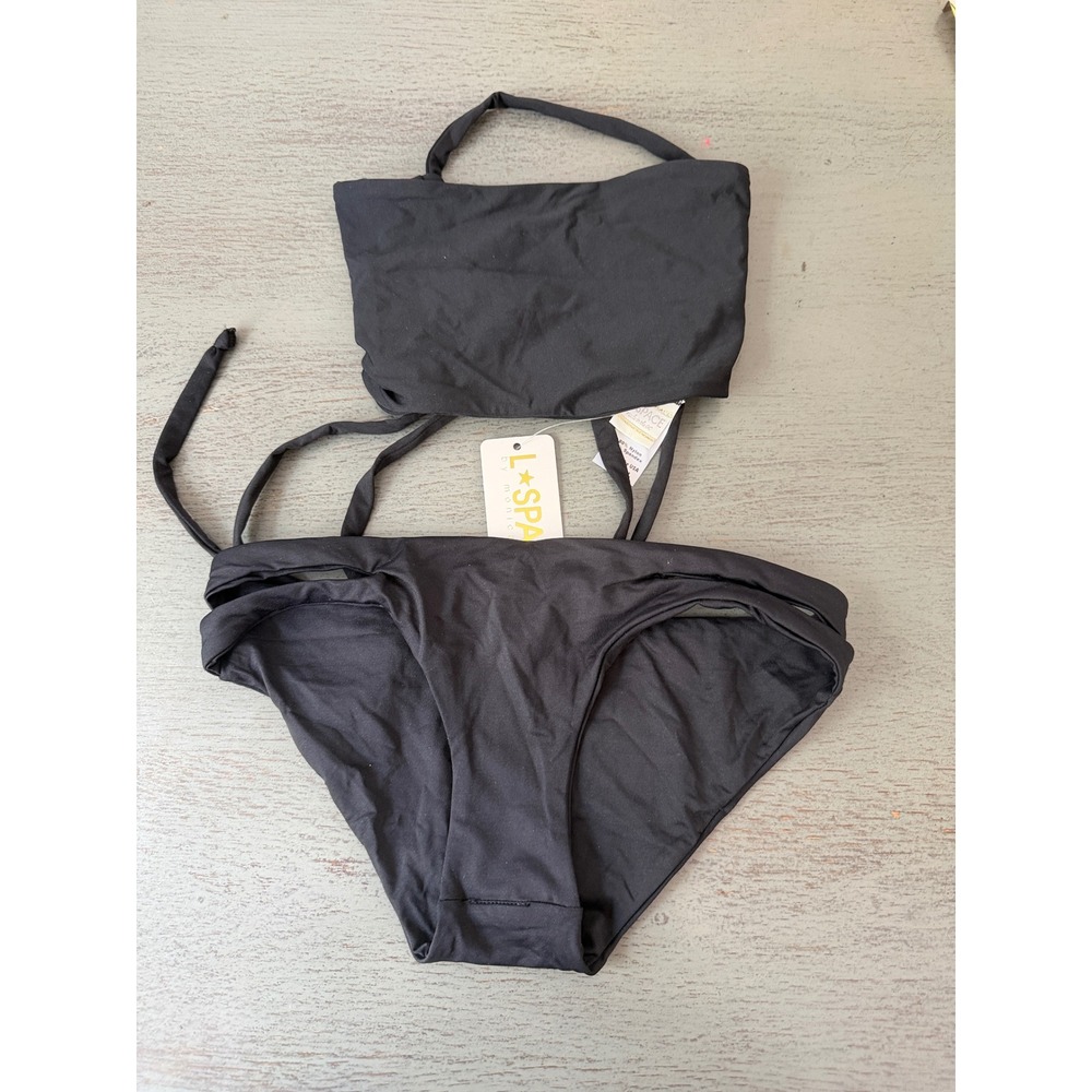 L*Space Monica Wise Black Strappy Bandeau Halter Bikini Set XS Made in USA NWOT